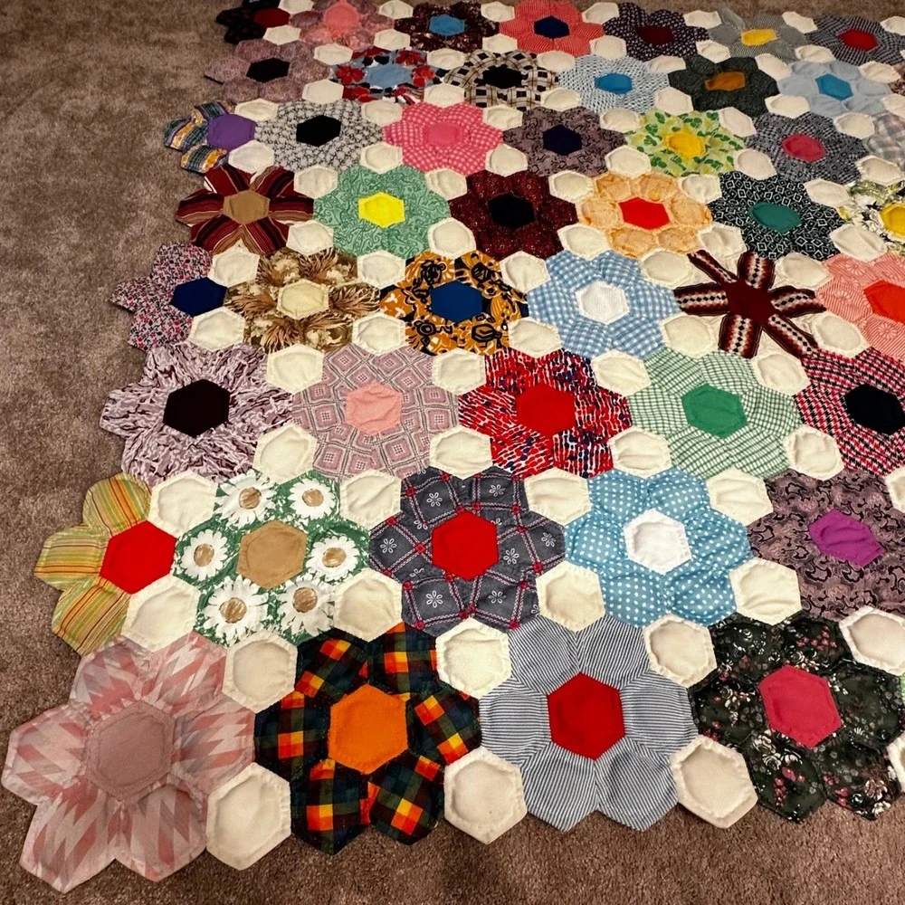 Vintage Handmade Grandmothers Flower Garden Hexagon Patchwork Quilt Multi 8x6